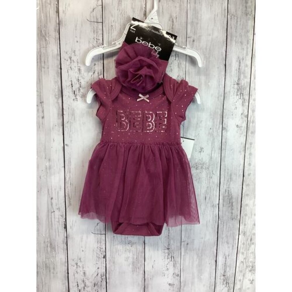 Bebe 0-3 Months Baby Clothing Purple 2 Pack Bodysuit + Headband Girls